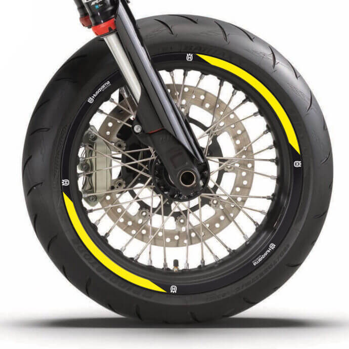 Husqvarna Felgenaufkleber Set “Factory 1” für 701 SM, 701 Enduro, FS 450 | schwarz, gelb | Independent Racing | Dekore, Accessoires und Motorrad Bekleidung