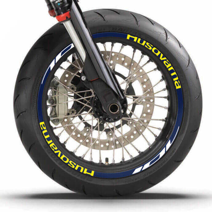 Husqvarna Felgenaufkleber Set “Stock 1” für 701 SM und 701 Enduro | blau, gelb, weiß | Independent Racing | Dekore, Accessoires und Motorrad Bekleidung