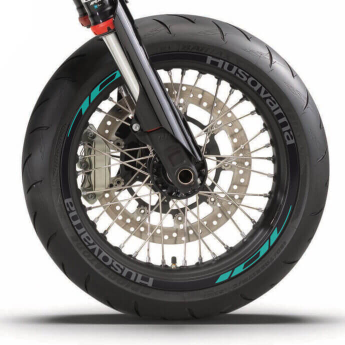 Husqvarna Felgenaufkleber Set “Stock 2” für 701 SM und 701 Enduro | schwarz, grau, türkis | Independent Racing | Dekore, Accessoires und Motorrad Bekleidung