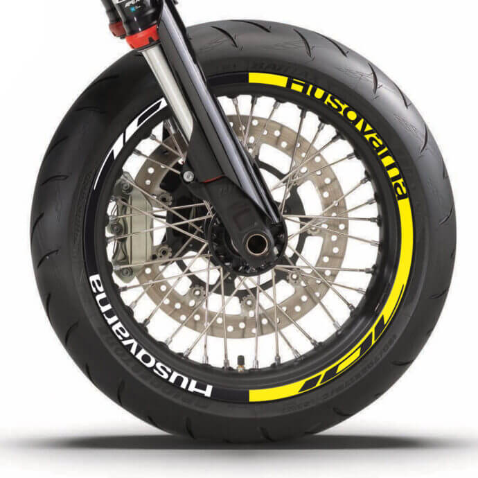 Husqvarna Felgenaufkleber Set “Stock 3” für 701 SM und 701 Enduro | schwarz, gelb, weiß | Independent Racing | Dekore, Accessoires und Motorrad Bekleidung