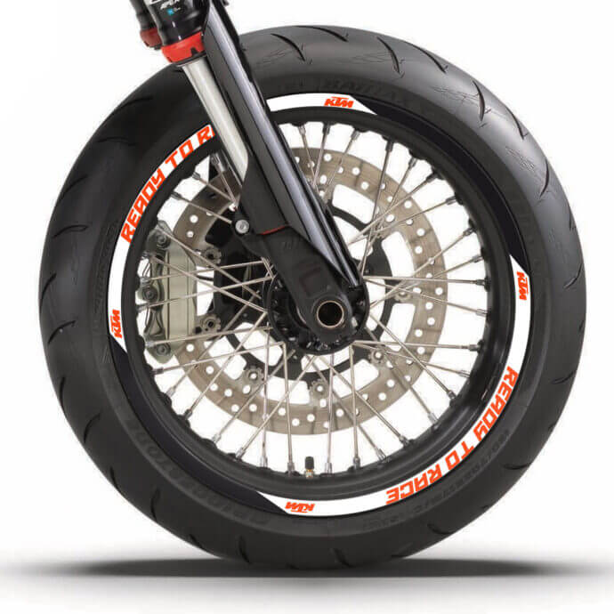 KTM Felgenaufkleber Set “Factory 3” Ready to Race | für SMCR, Duke, Superduke, 690 Enduro, LC4 | weiß, schwarz, orange | Independent Racing | Dekore, Accessoires und Motorrad Bekleidung