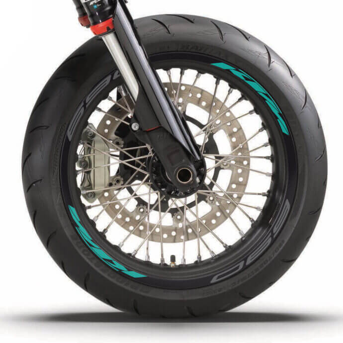 KTM Felgenaufkleber Set “Stock 2” für KTM Duke 690, 690 SMCR, 690 Enduro (R) | schwarz, türkis, grau | Independent Racing | Dekore, Accessoires und Motorrad Bekleidung