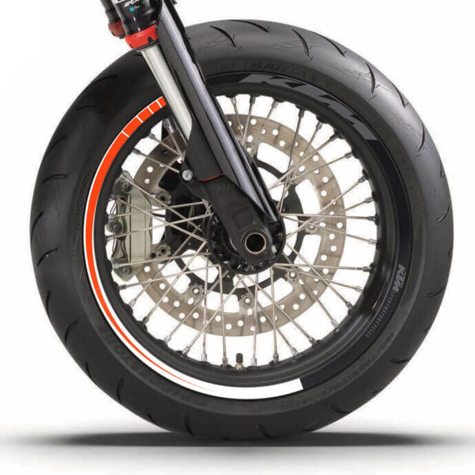 KTM Felgenaufkleber Set “Works 2” | für SMCR, Duke, Superduke, 690 Enduro, LC4 | schwarz, weiß, orange, grau | Independent Racing | Dekore, Accessoires und Motorrad Bekleidung