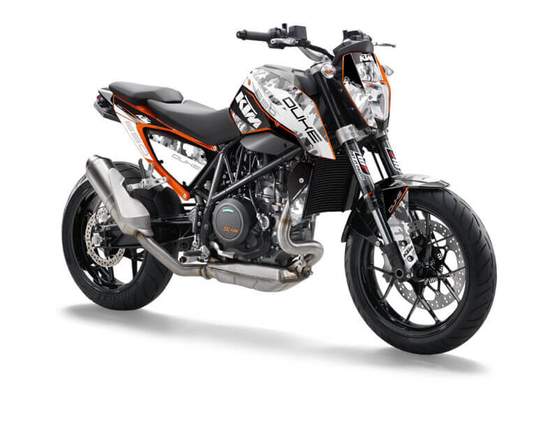 KTM Duke 690 Dekor Kit mit WP Gabelschutz Aufkleber | Independent Racing | Dekore, Accessoires und Motorrad Bekleidung