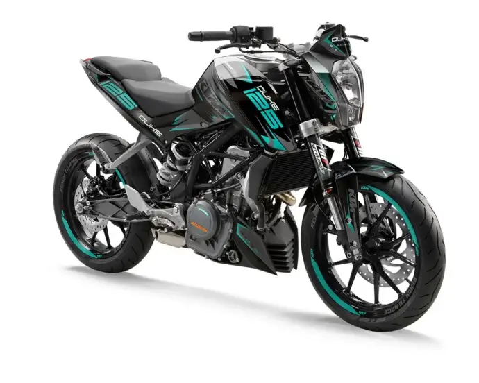 KTM Duke 125 / 390 Dekor Kit “Factory 1B” schwarz, türkis - Independent Racing | Dekore, Accessoires und Motorrad Bekleidung