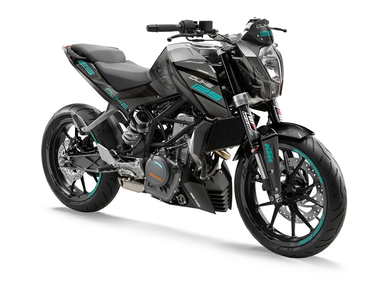 KTM Duke 125 / 390 Dekor Kit “Stock 3B” schwarz, türkis - Independent Racing | Dekore, Accessoires und Motorrad Bekleidung