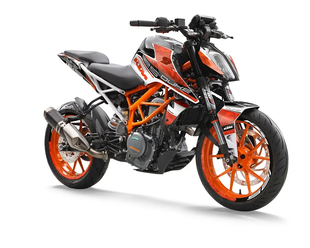 KTM Duke 125 / 390 Dekor Kit “Stock 2B” camouflage orange, weiß - Independent Racing | Dekore, Accessoires und Motorrad Bekleidung