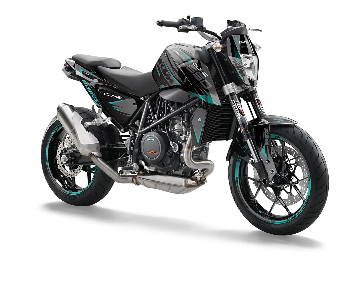 KTM Duke 690 Dekor Kit “Factory 1B” schwarz, türkis - Independent Racing | Dekore, Accessoires und Motorrad Bekleidung