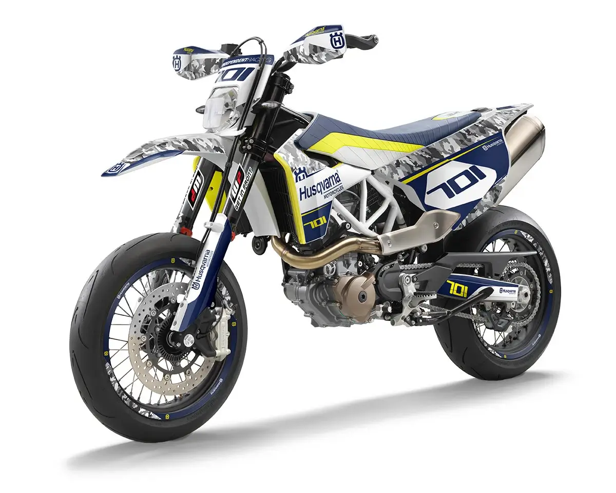 Husqvarna 701 SM Dekor Kit “Works 2A” camouflage grau, blau, gelb - Independent Racing | Dekore, Accessoires und Motorrad Bekleidung