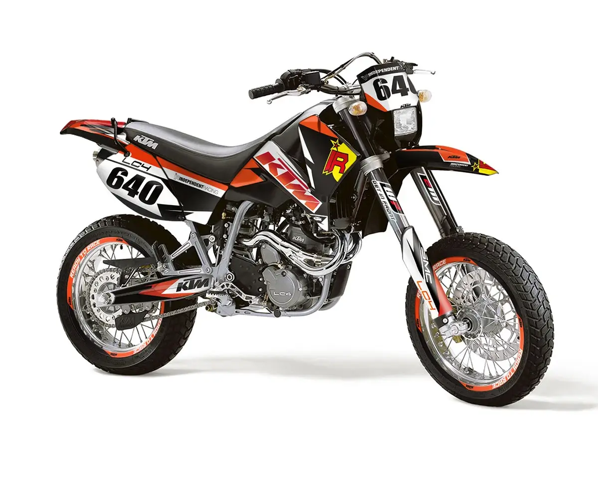 KTM LC4 Dekor Kit “Factory 2A” schwarz, weiß, orange - Independent Racing | Dekore, Accessoires und Motorrad Bekleidung