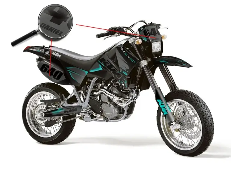 KTM LC4 Dekor Kit mit individuellem Name unter einer Lupe | Independent Racing | Dekore, Accessoires und Motorrad Bekleidung