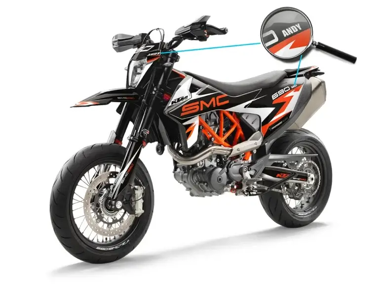 KTM SMCR Dekor Kit mit individuellem Name unter einer Lupe | Independent Racing | Dekore, Accessoires und Motorrad Bekleidung