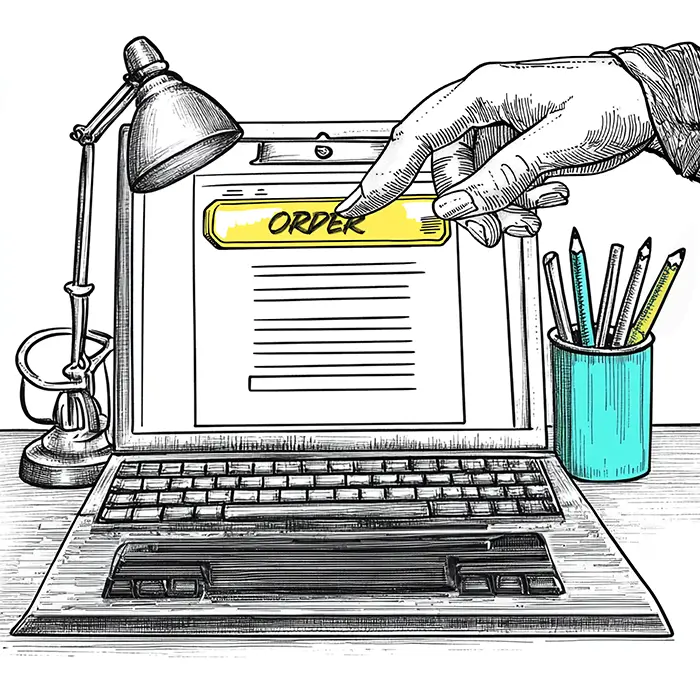 Laptop mit Hand, die eine Schaltfläche „Order“ anklickt.