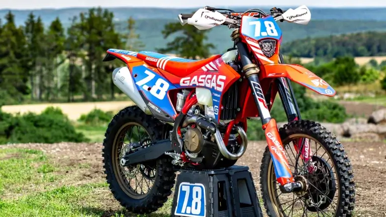 GasGas Motocross Motorrad mit blau-rotem Custom Dekor vor einem Waldrand.