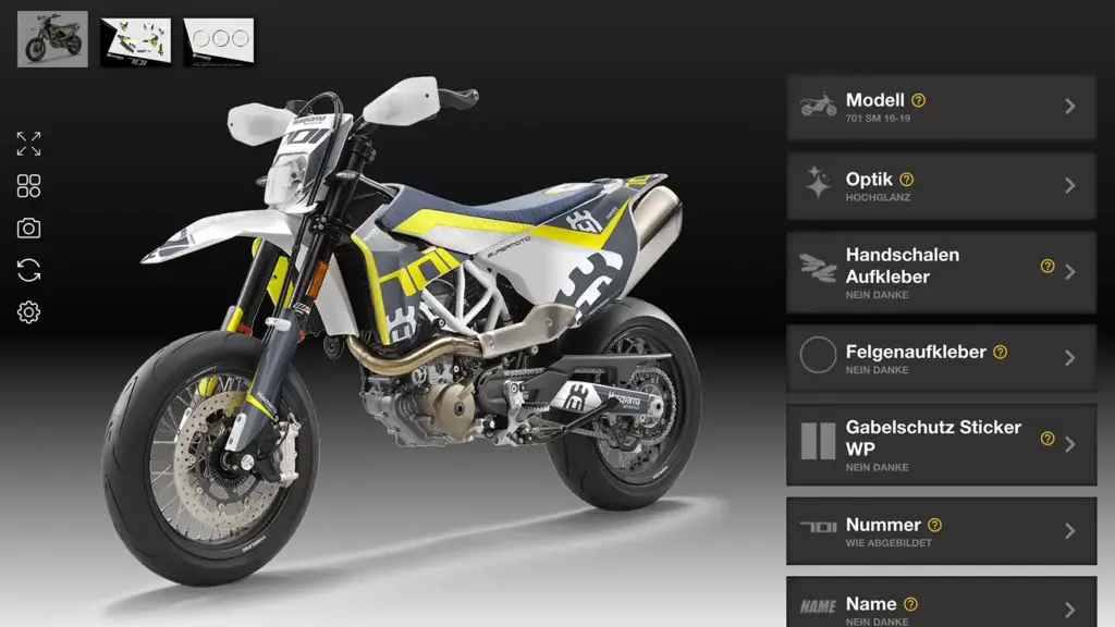 Husqvarna 701 Supermoto mit weiß‐grau‐gelbem Dekor in Hochglanz‐Optik, dargestellt im Konfigurator.