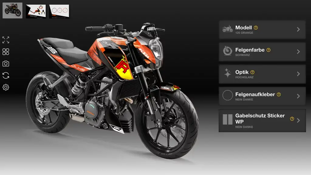 KTM Duke 125 (Baujahr 2011-2016) in Orange mit schwarzer Felgenfarbe und Independent Racing Dekor in Hochglanz, präsentiert im Konfigurator.