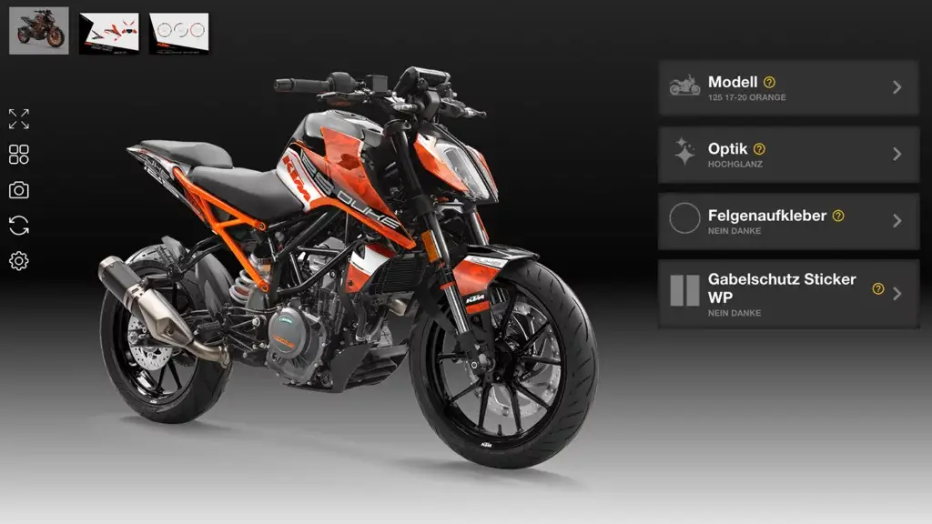KTM Duke 125 (Baujahr 2017-2023) in Orange mit schwarzer Felgenfarbe und Independent Racing Dekor in Hochglanz, präsentiert im Konfigurator.