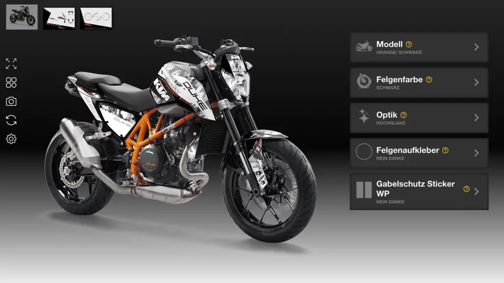 KTM Duke 690 mit orangefarbenem Rahmen und Camouflage Dekor in Hochglanz, ohne Felgenaufkleber, im Konfigurator abgebildet.