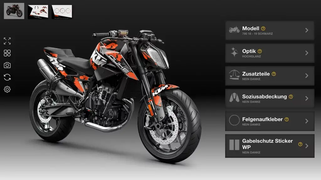 KTM 790 in Schwarz mit orangefarbenem Spritz-Dekor in Hochglanz, ohne Felgenaufkleber, im Konfigurator abgebildet.