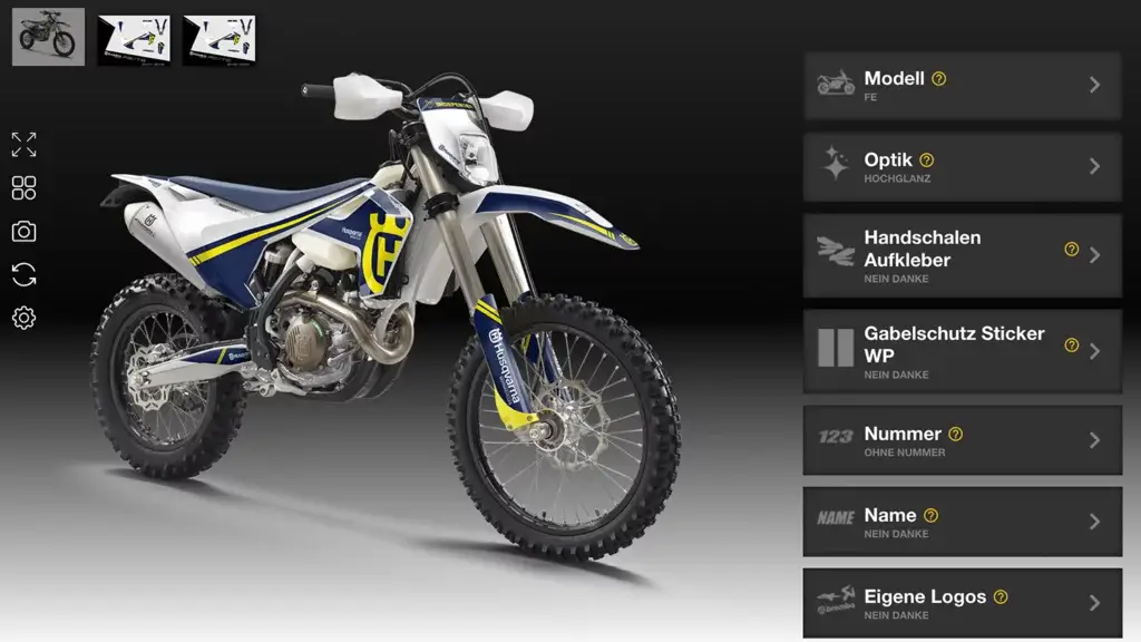 Husqvarna FE mit weiß-blau-gelbem Dekor in Hochglanz, dargestellt im Konfigurator.