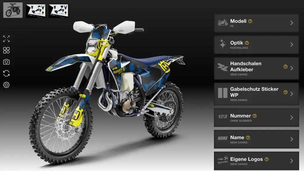 Husqvarna FE in blauer Camouflage-Optik mit Hochglanz-Dekor, präsentiert im Konfigurator.