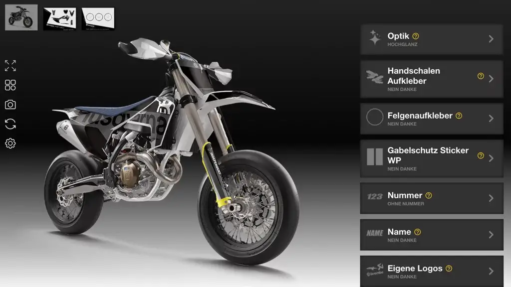 Husqvarna FS 450 Supermoto mit schwarz-weißer Hochglanz-Folierung und Slick-Reifen, im Konfigurator zu sehen.