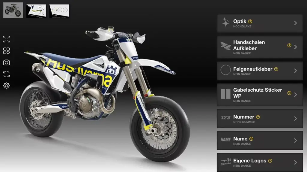 Husqvarna FS 450 Supermoto in Weiß, Blau und Gelb mit Hochglanz‐Dekor, abgebildet im Konfigurator.