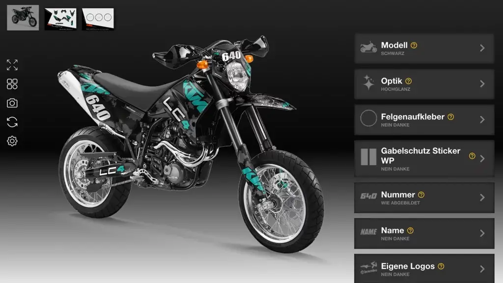 KTM LC4 640 in Schwarz mit türkisfarbenem Camouflage‐Dekor in Hochglanz, präsentiert im Konfigurator.