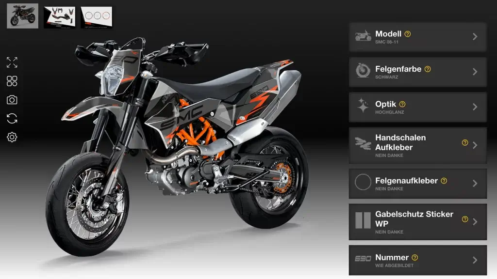 KTM 690 SMC (Baujahr 2008–2017) in Schwarz, Grau und Orange mit Hochglanz‐Dekor, im Konfigurator abgebildet.