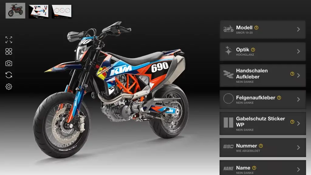 KTM 690 SMC R (Baujahr 2019–2025) in Blau, Rot und Orange mit Hochglanz‐Dekor, im Konfigurator abgebildet.