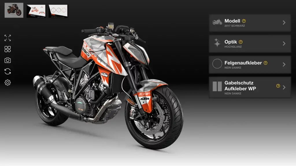 KTM 1290 Super Duke R (Baujahr 2017-2019) in Schwarz, Silber und Orange mit polygonaler Hochglanz‐Optik, dargestellt im Konfigurator.
