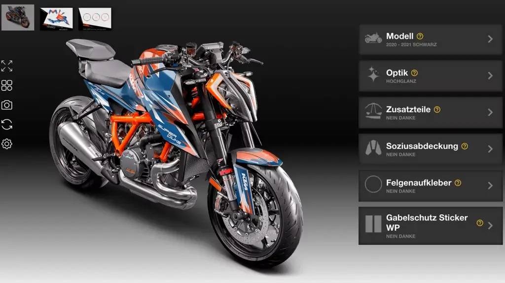 KTM 1290 Super Duke R (Baujahr 2020–2023) in Blau, Orange und Schwarz mit Hochglanz‐Dekor, präsentiert im Konfigurator.