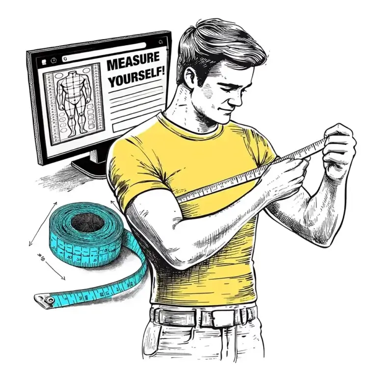 Mann misst sich selbst mit Maßband vor einem Bildschirm.