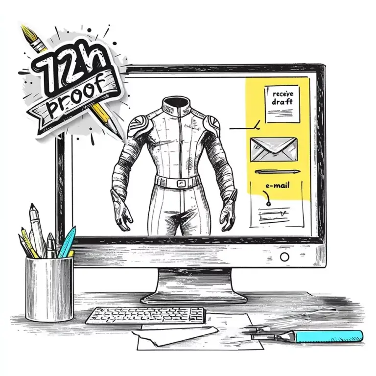 Monitor zeigt Lederkombi-Entwurf und „Draft erhalten“.