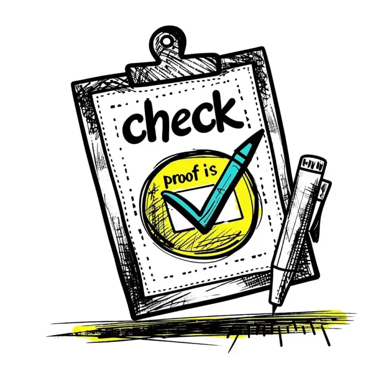 Klemmbrett mit „Proof is Check“-Designzeichnung.