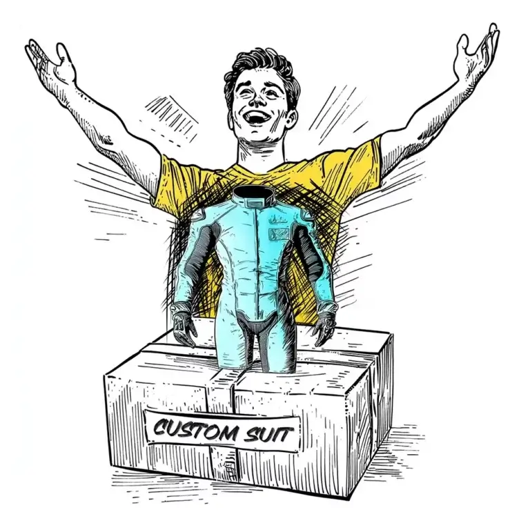 Glücklicher Mann öffnet ein Paket mit einem Lederkombi.