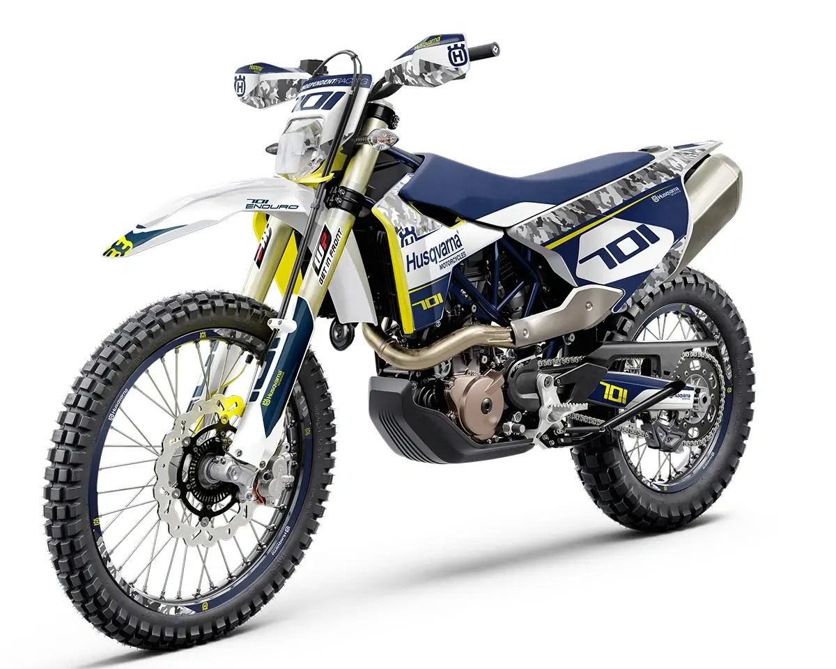 Husqvarna 701 Enduro Dekor Kit “Works 2A” camouflage grau, blau, gelb - Independent Racing | Dekore, Accessoires und Motorrad Bekleidung