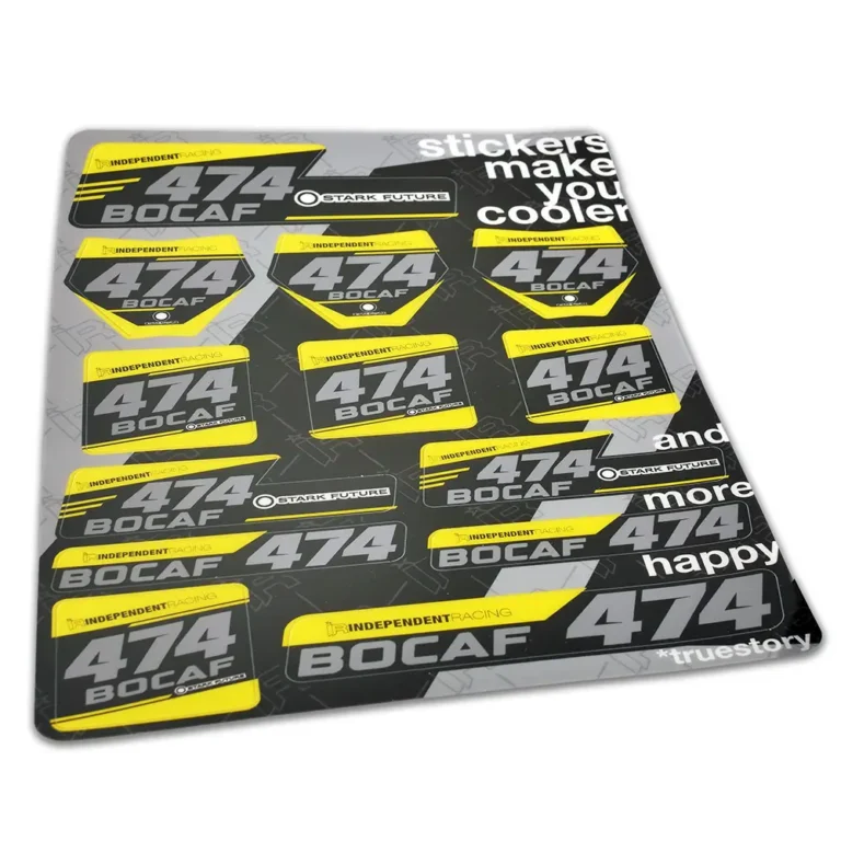 A yellow and black sticker sheet in a motorsport style with the Stark Future logo and a matte finish.