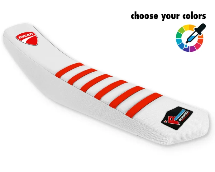 Weißer Sitzbankbezug mit roten Streifen und rotem Logo für die Ducati Desmo 450 MX.