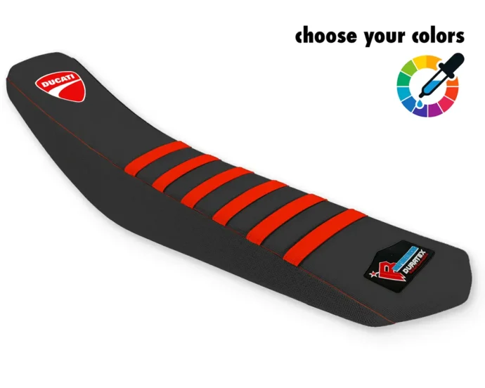 Schwarzer Sitzbankbezug mit roten Streifen und rotem Logo für die Ducati Desmo 450 MX.
