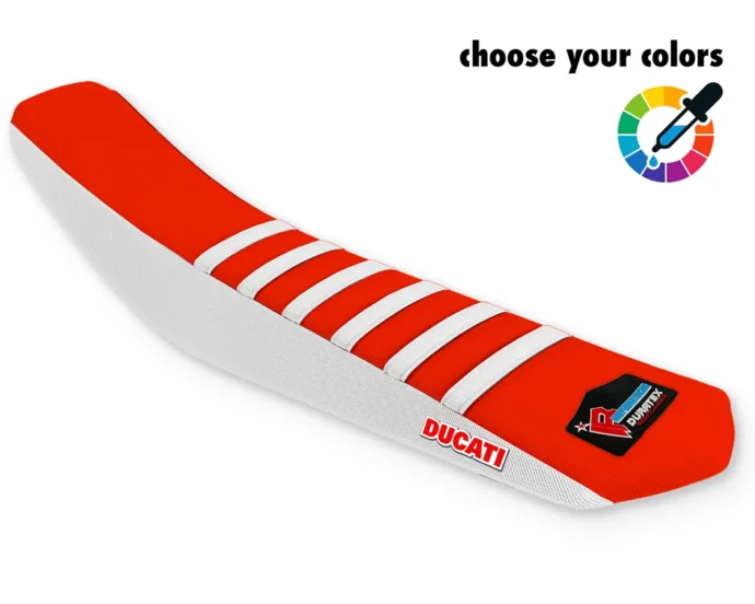 Rot, weißer Sitzbankbezug mit weißen Streifen, weißem Unterteil und Ducati-Schriftzug für die Ducati Desmo 450 MX.