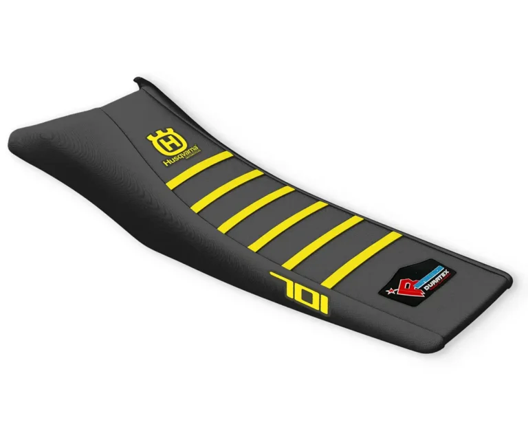 Dunkelgrauer Husqvarna 701 SM & Enduro Sitzbankbezug mit gelben Rippen und Husqvarna 701-Logo.