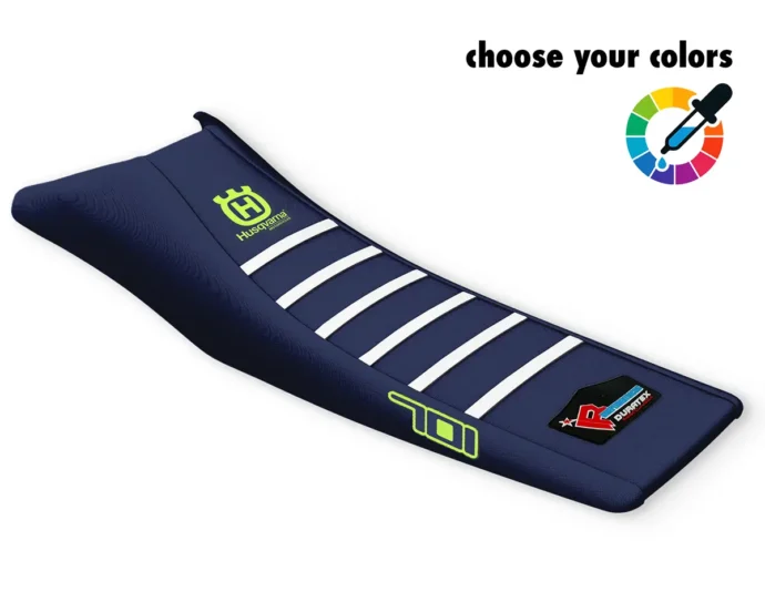 Dunkelblauer Sitzbankbezug mit weißen Rippen und neongelbem Husqvarna-Logo für die 701 Supermoto & Enduro.