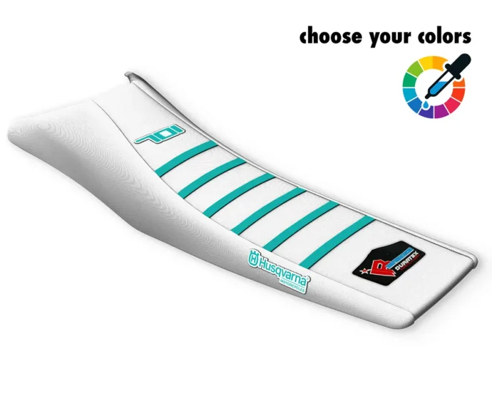 Weißer Sitzbankbezug mit türkisfarbenen Rippen und Husqvarna-Logo für die 701 Supermoto & Enduro.