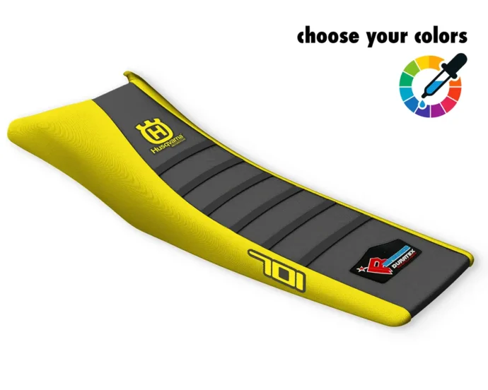 Grauer Sitzbankbezug mit gelbem Seitenbereich, dunklem Mittelteil und Husqvarna-Logo für die 701 Supermoto & Enduro.