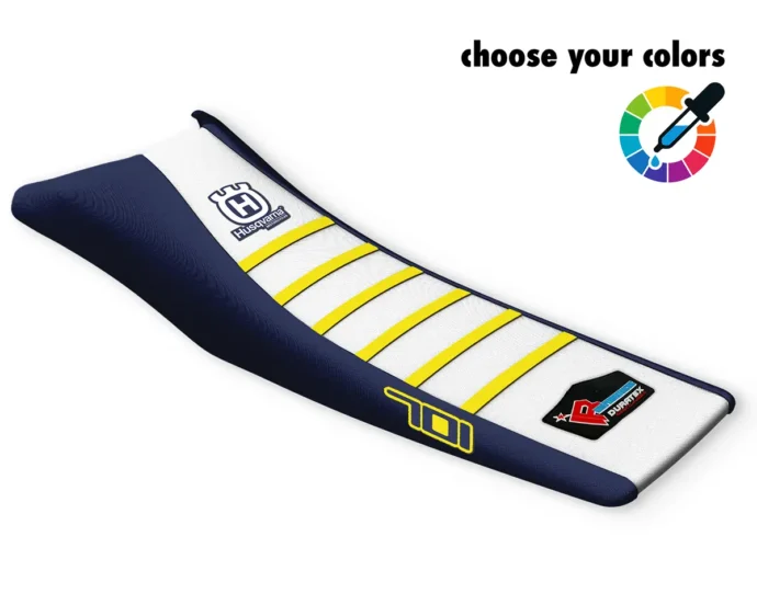 Weiß-blauer Sitzbankbezug mit gelben Rippen und Husqvarna-Logo für die 701 Supermoto & Enduro.