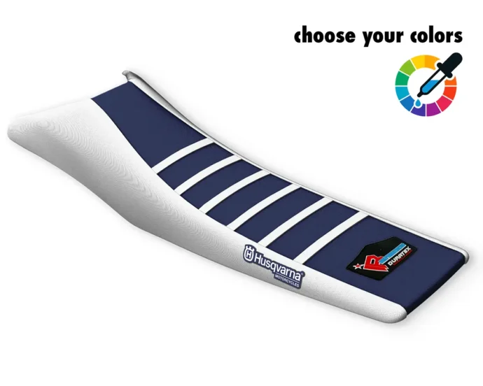 Weißer Sitzbankbezug mit dunkelblauem Mittelteil und weißen Rippen, Husqvarna-Logo für die 701 Supermoto & Enduro.