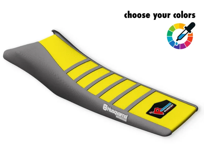 Gelber Sitzbankbezug mit grauem Seitenbereich, grauen Rippen und Husqvarna-Logo für die 701 Supermoto & Enduro.