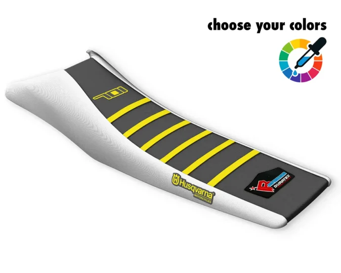 Grauer Sitzbankbezug mit weißen Seiten, gelben Rippen und Husqvarna-Logo für die 701 Supermoto & Enduro.