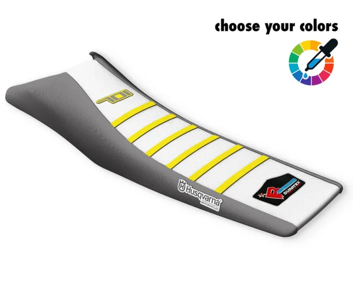 Grauer Sitzbankbezug mit weißem Mittelteil, gelben Rippen und Husqvarna-Logo für die 701 Supermoto & Enduro.